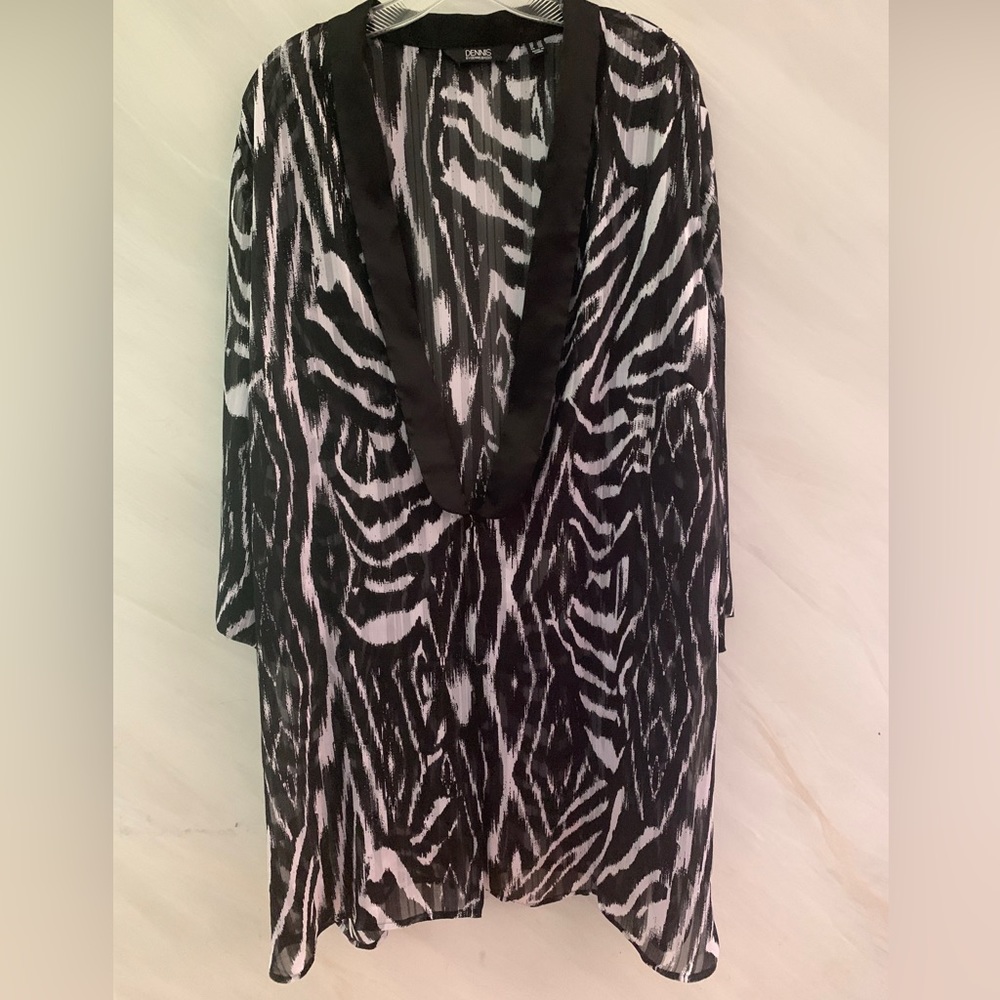 Dennis Basso Women 2X Black White Printed Woven Open-Front Duster Blazer